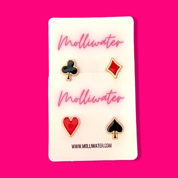 4x Casino Earrings Retro Gold Ace Playing Cards Spade Clover Heart Diamond Suite - Picture 1 of 3